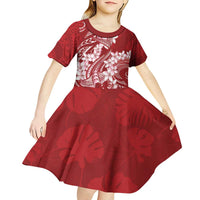 Red Polynesia Hammerhead Shark Tattoo With Plumeria Lei Kid Short Sleeve Dress LT14 - Polynesian Pride