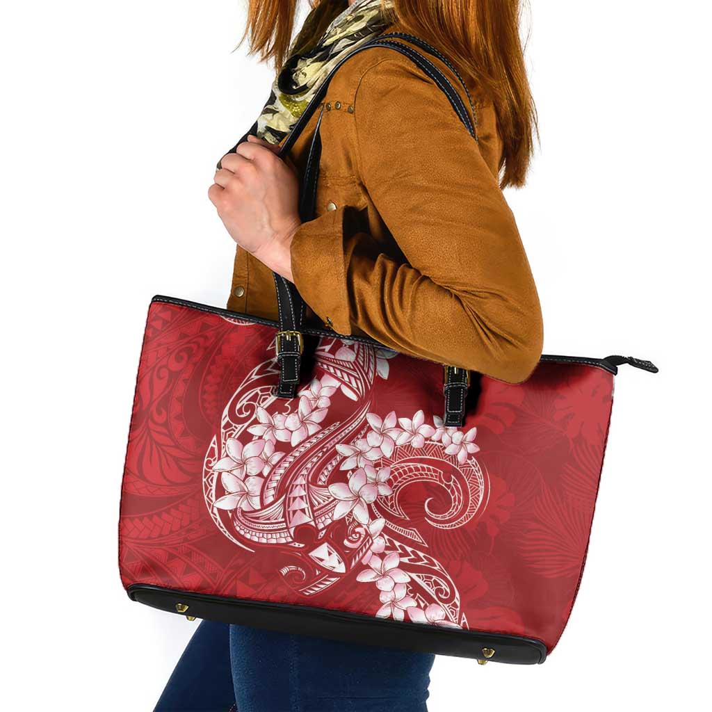 Red Polynesia Hammerhead Shark Tattoo With Plumeria Lei Leather Tote Bag