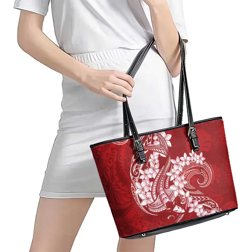 Red Polynesia Hammerhead Shark Tattoo With Plumeria Lei Leather Tote Bag