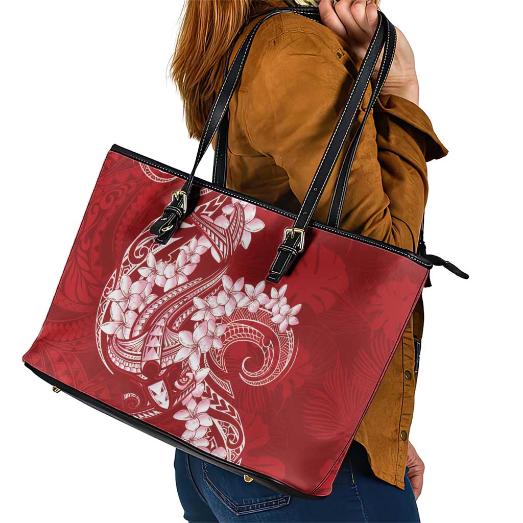 Red Polynesia Hammerhead Shark Tattoo With Plumeria Lei Leather Tote Bag