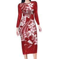 Red Polynesia Hammerhead Shark Tattoo With Plumeria Lei Long Sleeve Bodycon Dress