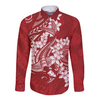 Red Polynesia Hammerhead Shark Tattoo With Plumeria Lei Long Sleeve Button Shirt