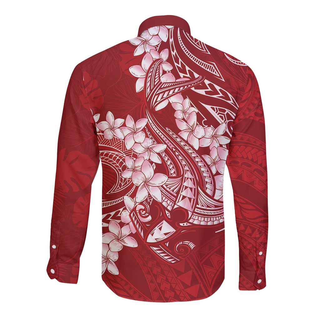 Red Polynesia Hammerhead Shark Tattoo With Plumeria Lei Long Sleeve Button Shirt