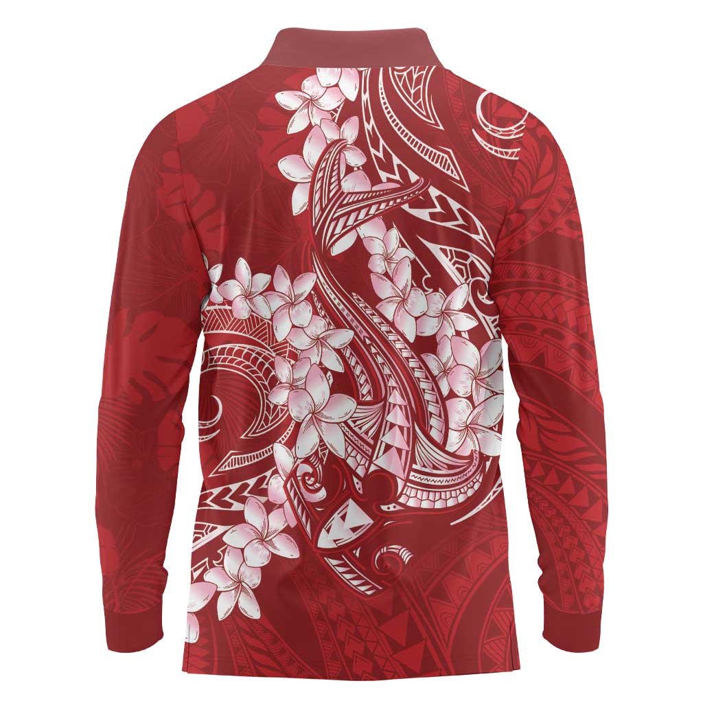 Red Polynesia Hammerhead Shark Tattoo With Plumeria Lei Long Sleeve Polo Shirt