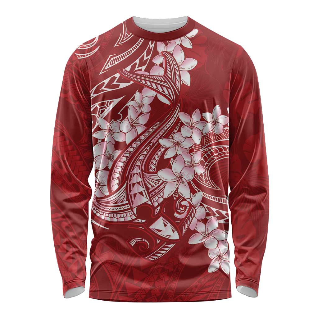 Red Polynesia Hammerhead Shark Tattoo With Plumeria Lei Long Sleeve Shirt LT14 Unisex Red - Polynesian Pride
