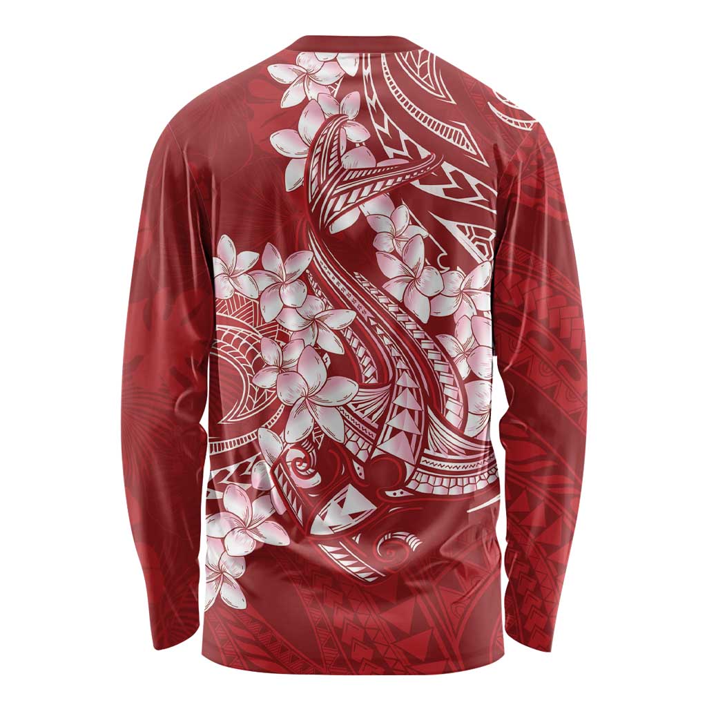 Red Polynesia Hammerhead Shark Tattoo With Plumeria Lei Long Sleeve Shirt LT14 - Polynesian Pride