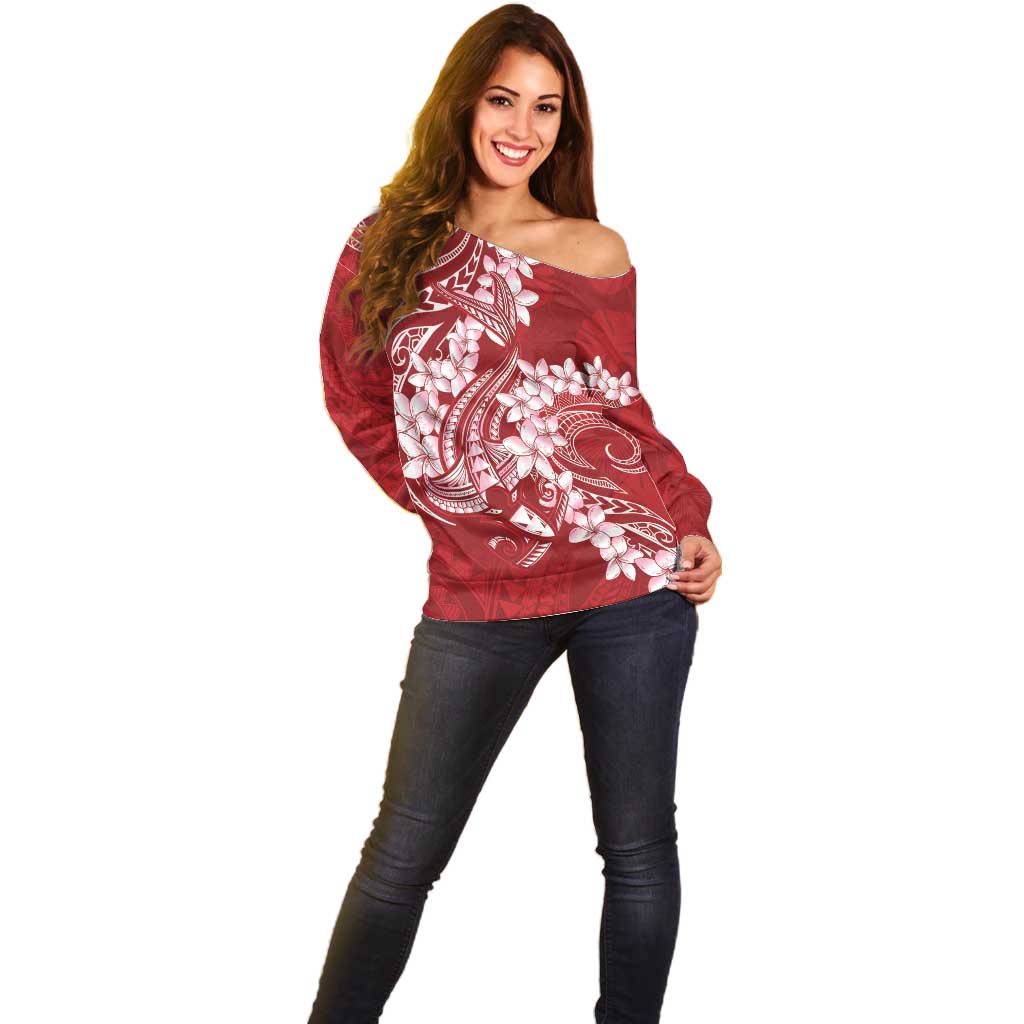 Red Polynesia Hammerhead Shark Tattoo With Plumeria Lei Off Shoulder Sweater