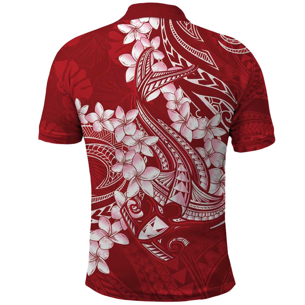 Red Polynesia Hammerhead Shark Tattoo With Plumeria Lei Polo Shirt