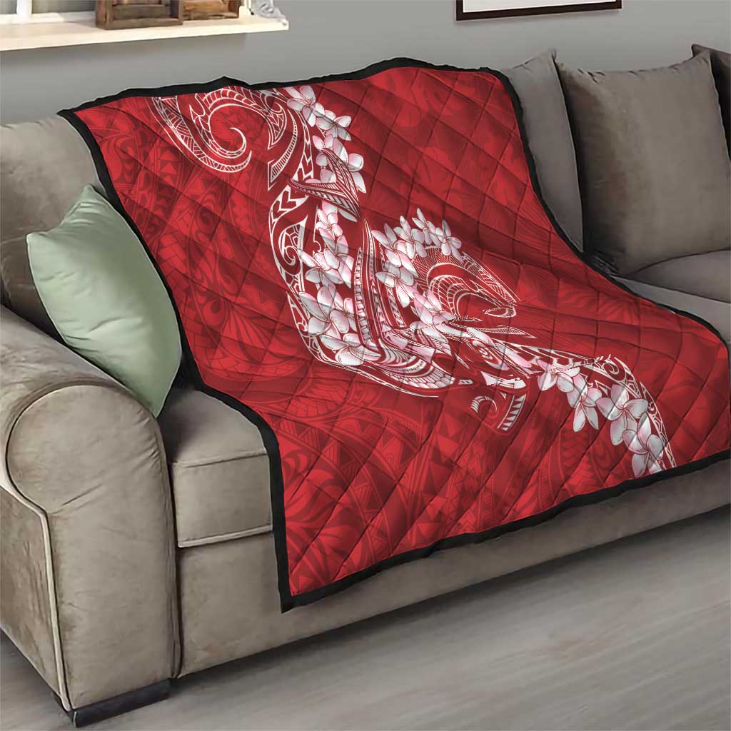 Red Polynesia Hammerhead Shark Tattoo With Plumeria Lei Quilt