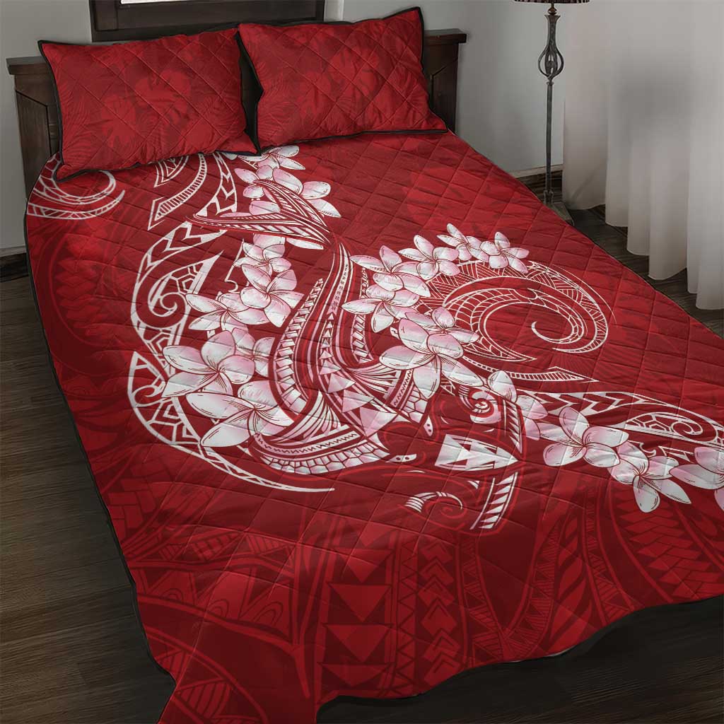 Red Polynesia Hammerhead Shark Tattoo With Plumeria Lei Quilt Bed Set LT14 Red - Polynesian Pride