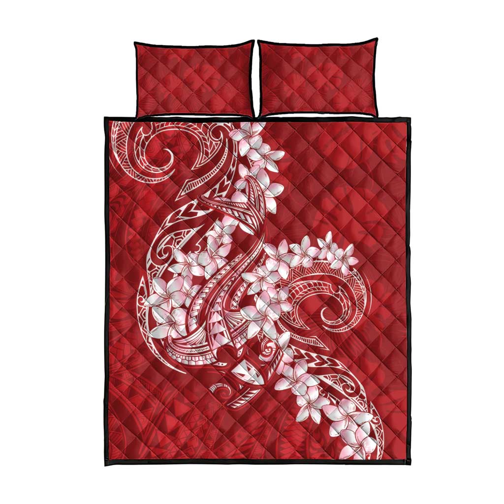 Red Polynesia Hammerhead Shark Tattoo With Plumeria Lei Quilt Bed Set LT14 - Polynesian Pride