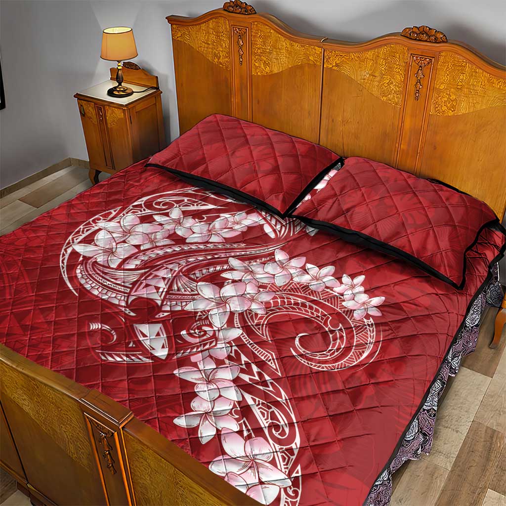 Red Polynesia Hammerhead Shark Tattoo With Plumeria Lei Quilt Bed Set LT14 - Polynesian Pride