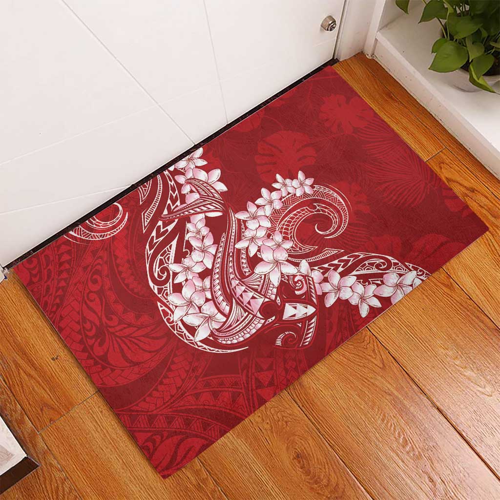Red Polynesia Hammerhead Shark Tattoo With Plumeria Lei Rubber Doormat LT14 - Polynesian Pride
