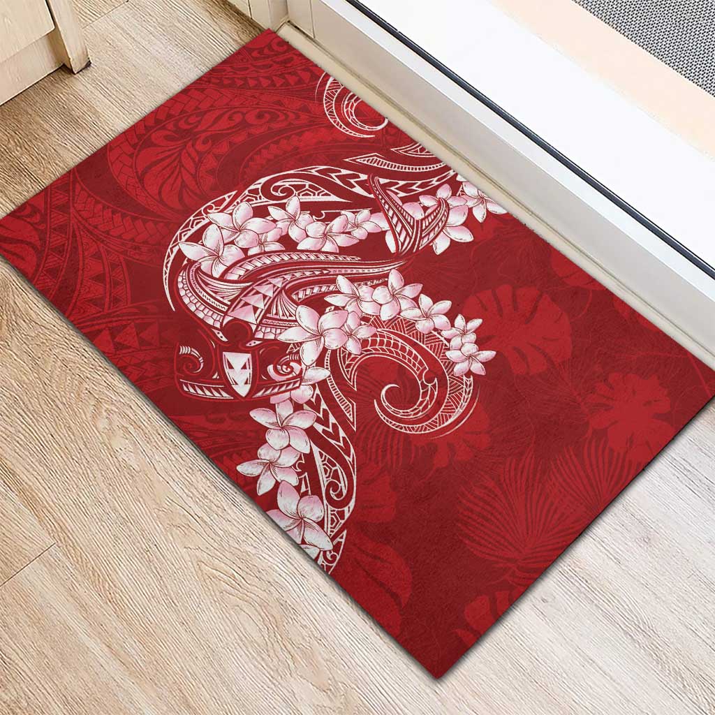 Red Polynesia Hammerhead Shark Tattoo With Plumeria Lei Rubber Doormat LT14 - Polynesian Pride