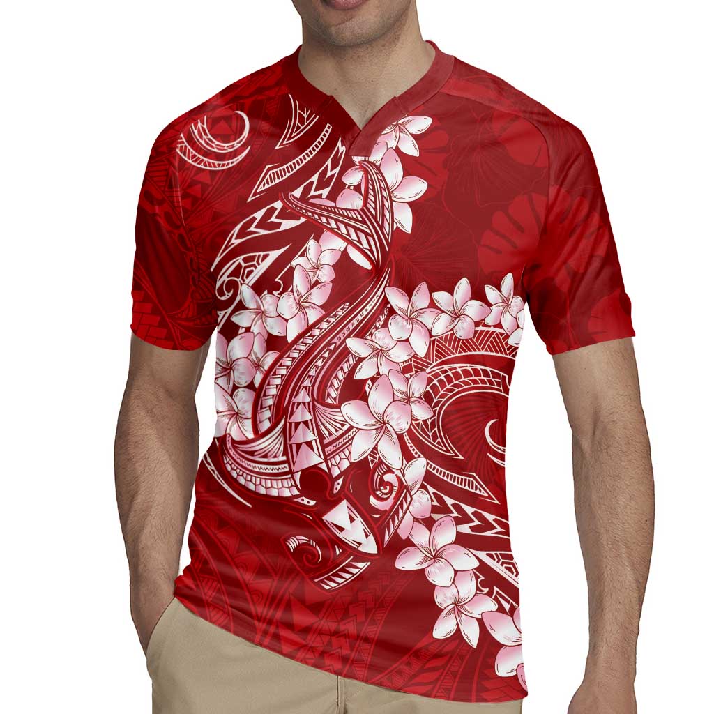 Red Polynesia Hammerhead Shark Tattoo With Plumeria Lei Rugby Jersey