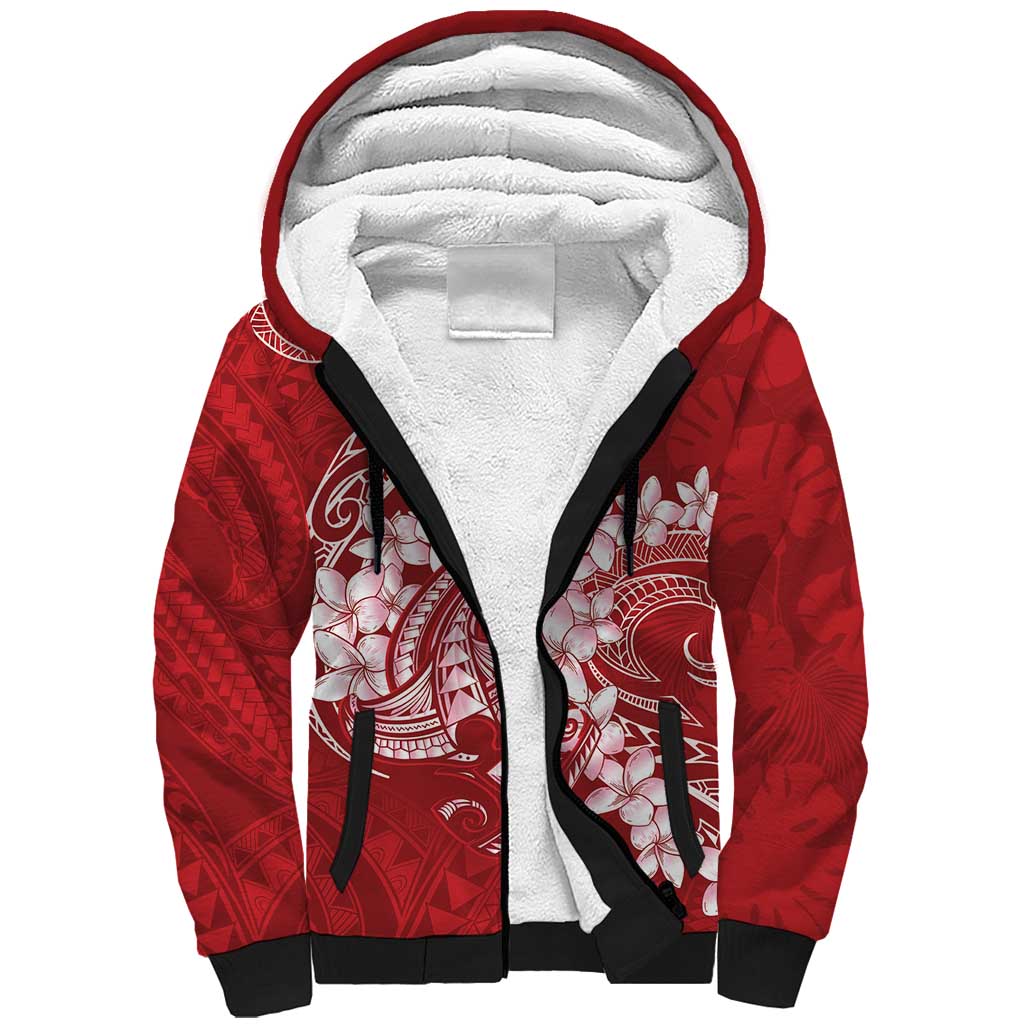 Red Polynesia Hammerhead Shark Tattoo With Plumeria Lei Sherpa Hoodie LT14 Unisex Red - Polynesian Pride