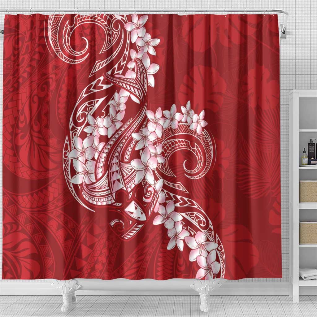 Red Polynesia Hammerhead Shark Tattoo With Plumeria Lei Shower Curtain