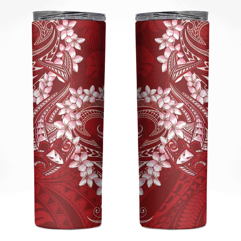 Red Polynesia Hammerhead Shark Tattoo With Plumeria Lei Skinny Tumbler
