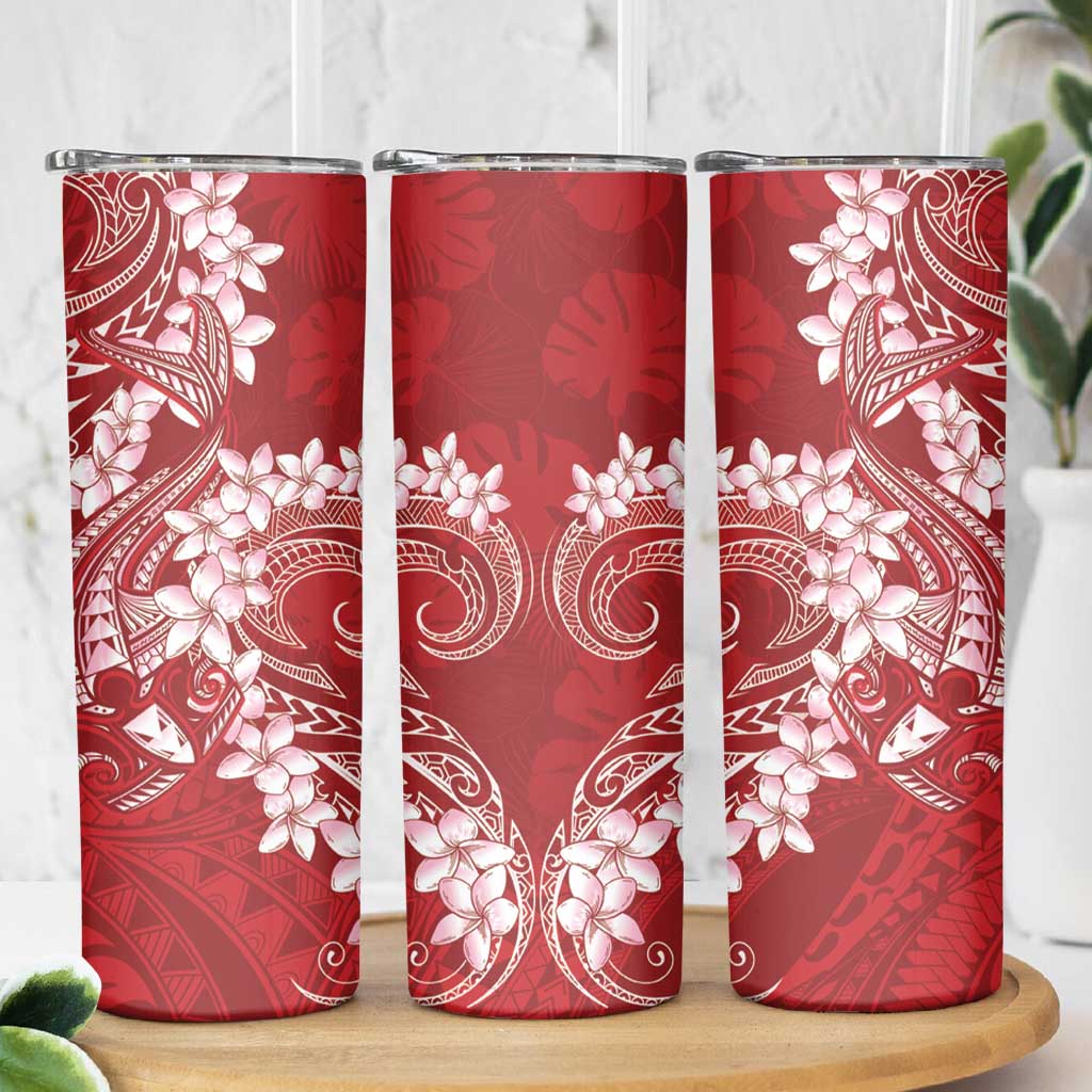 Red Polynesia Hammerhead Shark Tattoo With Plumeria Lei Skinny Tumbler