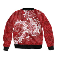 Red Polynesia Hammerhead Shark Tattoo With Plumeria Lei Sleeve Zip Bomber Jacket