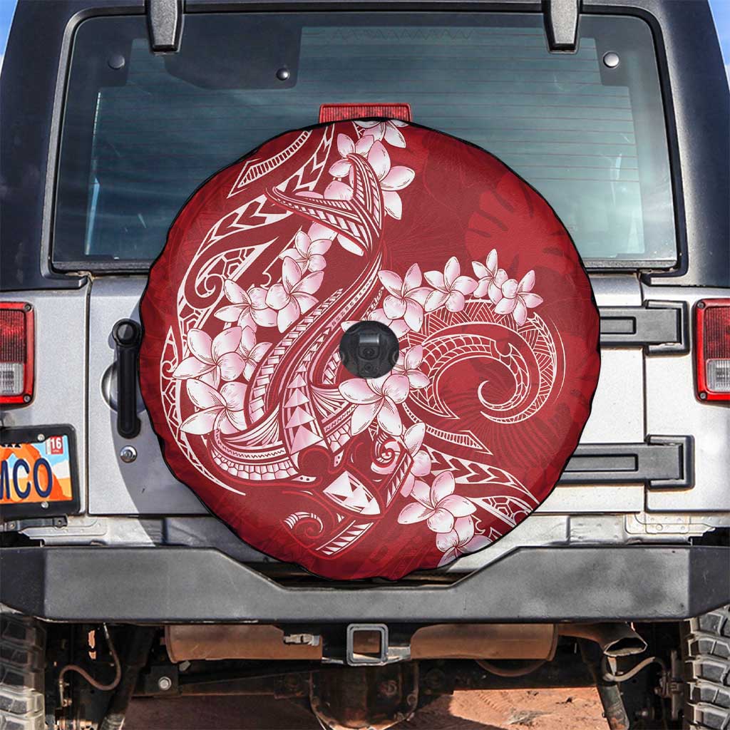 Red Polynesia Hammerhead Shark Tattoo With Plumeria Lei Spare Tire Cover LT14 Red - Polynesian Pride