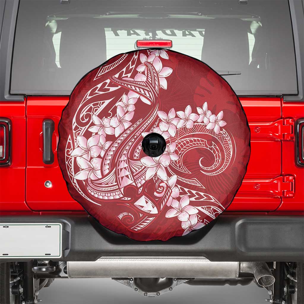 Red Polynesia Hammerhead Shark Tattoo With Plumeria Lei Spare Tire Cover LT14 - Polynesian Pride