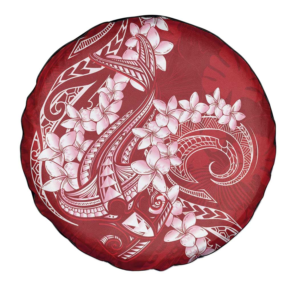 Red Polynesia Hammerhead Shark Tattoo With Plumeria Lei Spare Tire Cover LT14 - Polynesian Pride