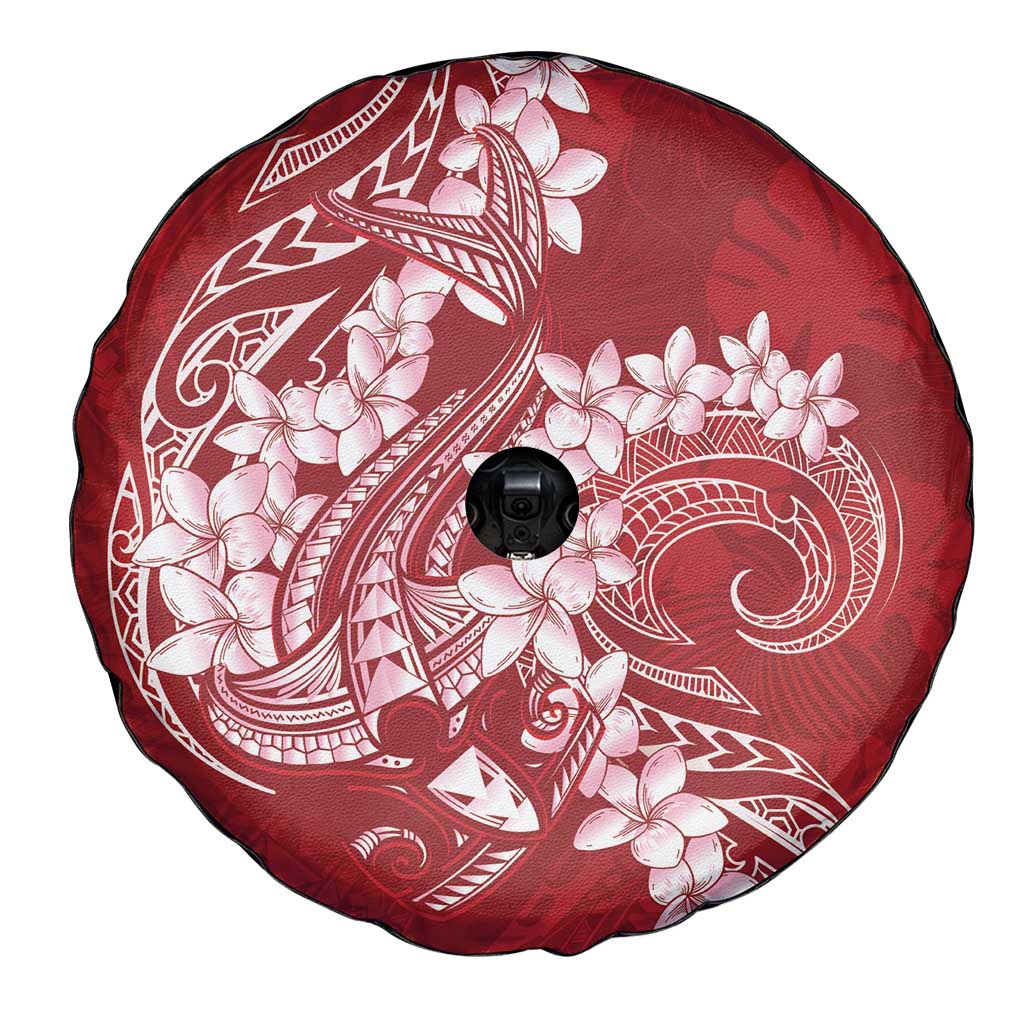 Red Polynesia Hammerhead Shark Tattoo With Plumeria Lei Spare Tire Cover LT14 - Polynesian Pride