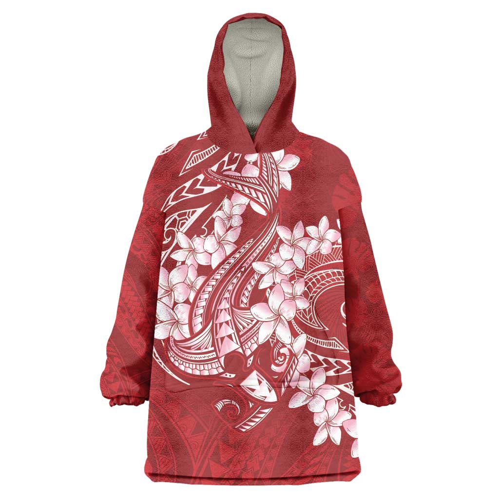 Red Polynesia Hammerhead Shark Tattoo With Plumeria Lei Wearable Blanket Hoodie LT14 One Size Red - Polynesian Pride