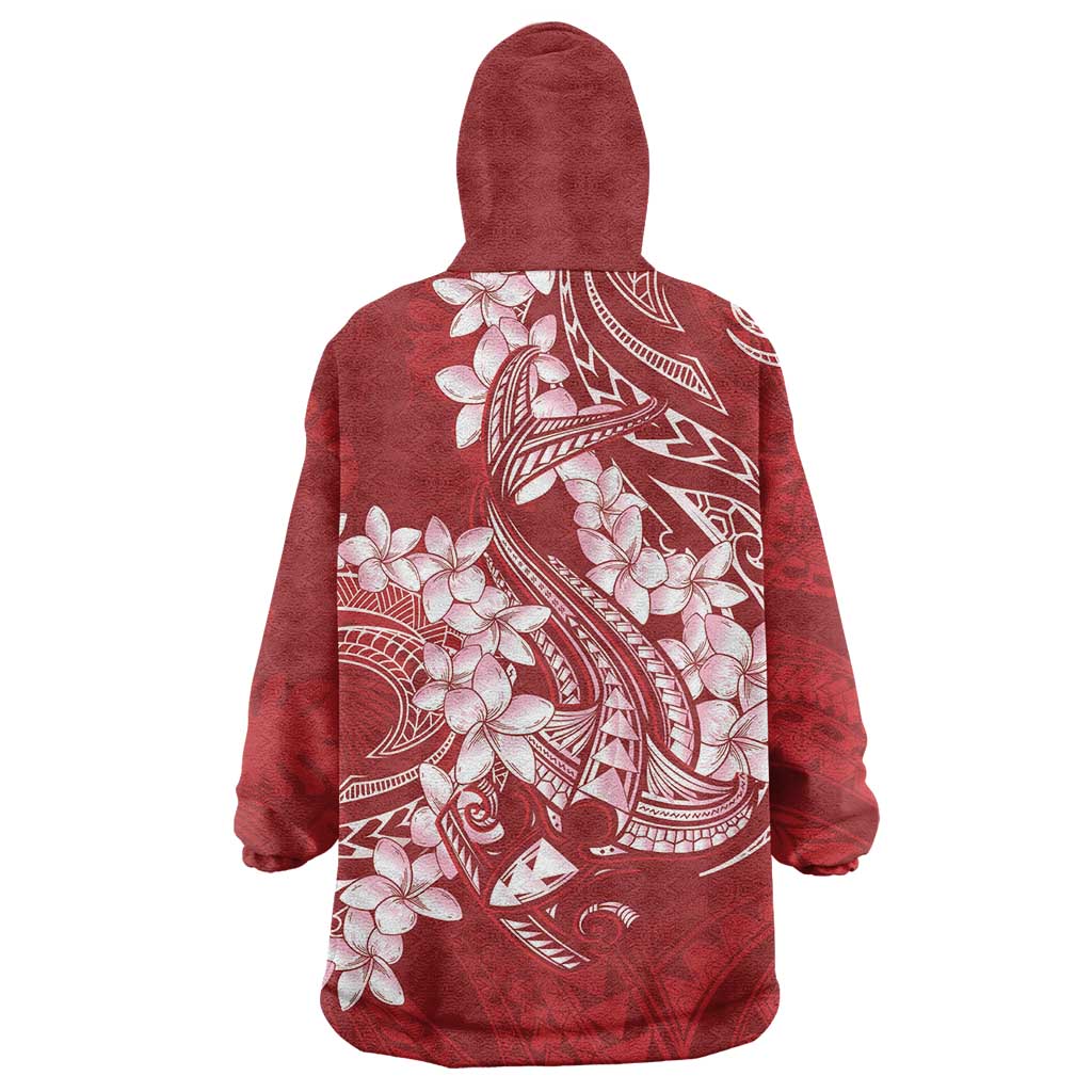 Red Polynesia Hammerhead Shark Tattoo With Plumeria Lei Wearable Blanket Hoodie LT14 - Polynesian Pride
