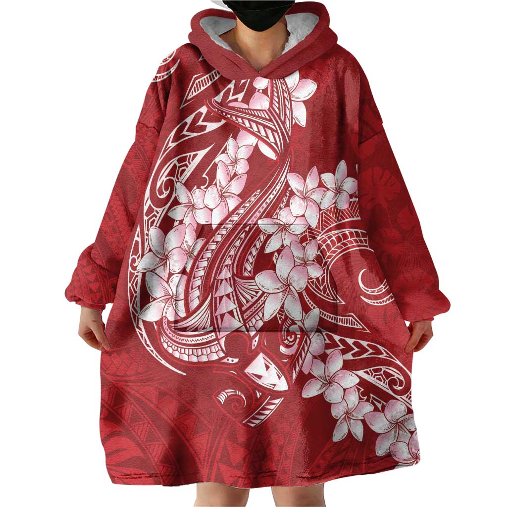 Red Polynesia Hammerhead Shark Tattoo With Plumeria Lei Wearable Blanket Hoodie LT14 - Polynesian Pride