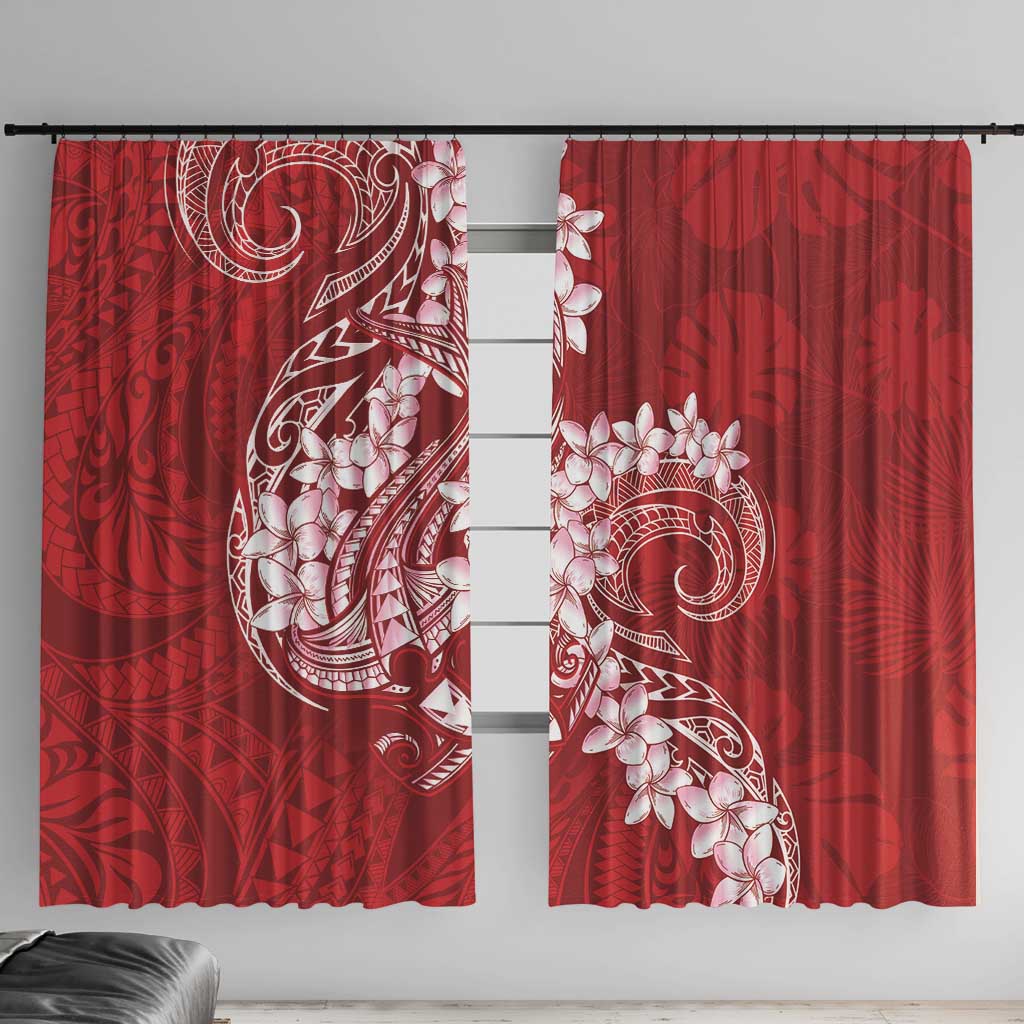 Red Polynesia Hammerhead Shark Tattoo With Plumeria Lei Window Curtain LT14 With Hooks Red - Polynesian Pride