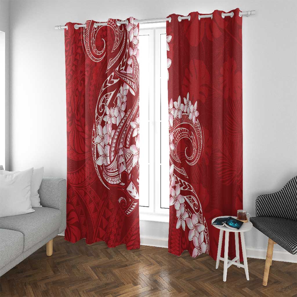 Red Polynesia Hammerhead Shark Tattoo With Plumeria Lei Window Curtain LT14 With Grommets Red - Polynesian Pride