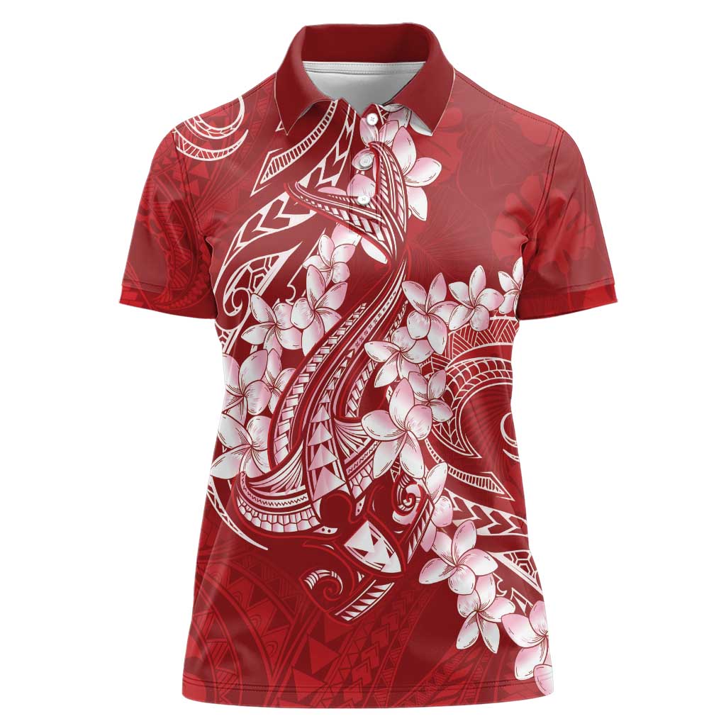 Red Polynesia Hammerhead Shark Tattoo With Plumeria Lei Women Polo Shirt