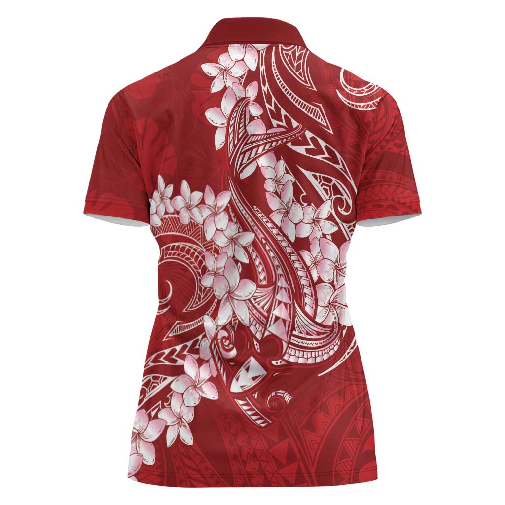 Red Polynesia Hammerhead Shark Tattoo With Plumeria Lei Women Polo Shirt