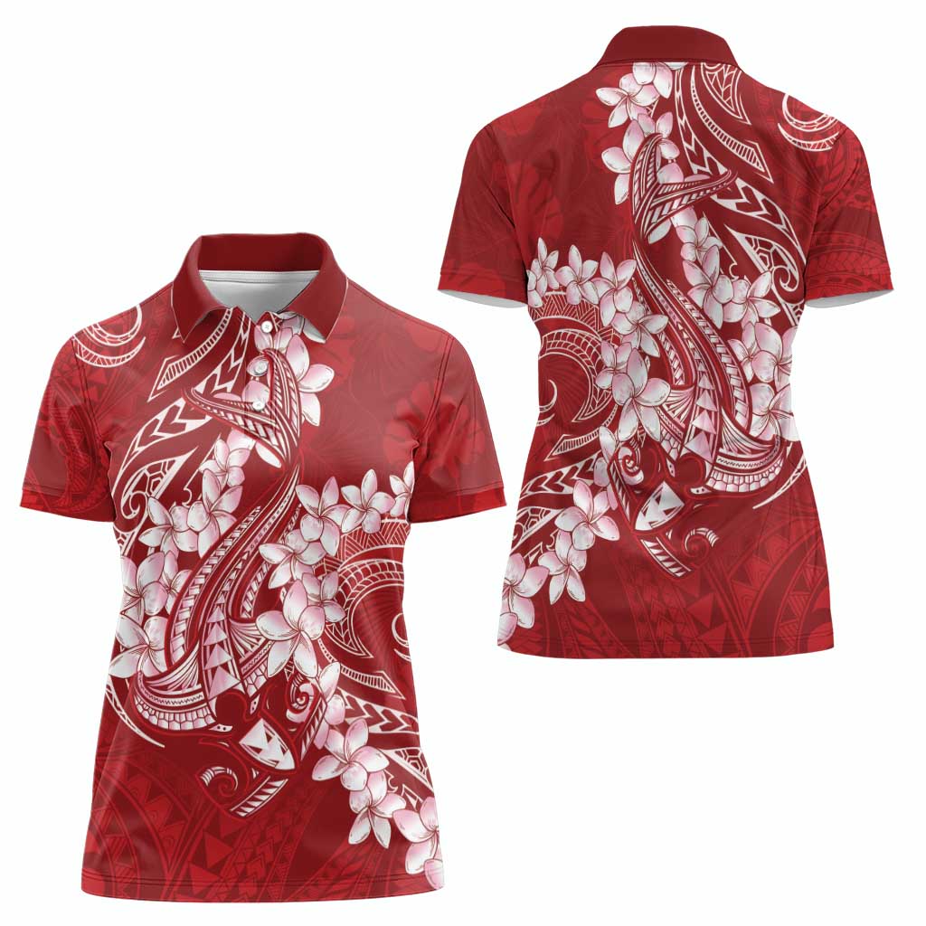 Red Polynesia Hammerhead Shark Tattoo With Plumeria Lei Women Polo Shirt