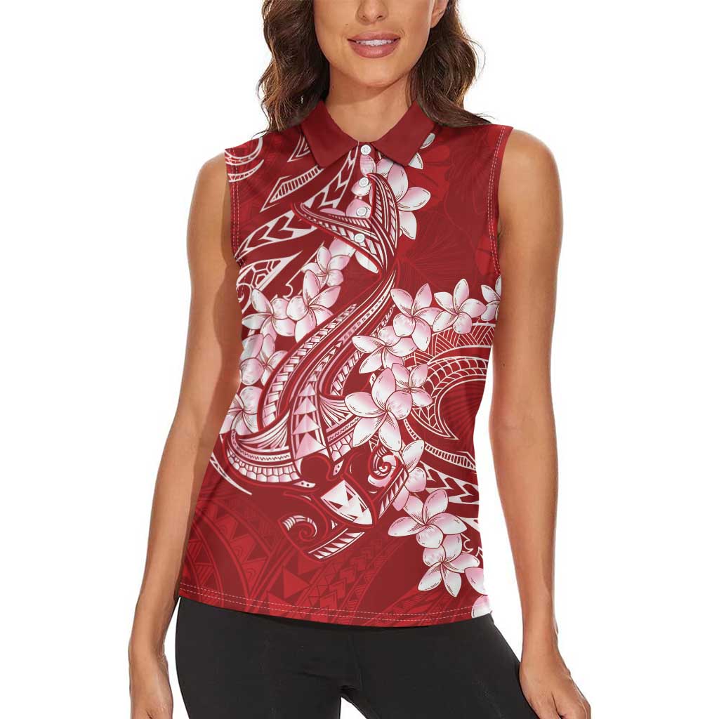Red Polynesia Hammerhead Shark Tattoo With Plumeria Lei Women Sleeveless Polo Shirt