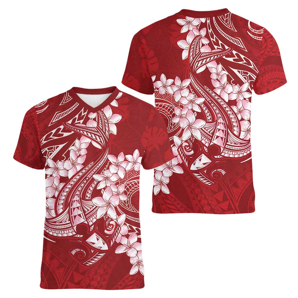 Red Polynesia Hammerhead Shark Tattoo With Plumeria Lei Women V-Neck T-Shirt