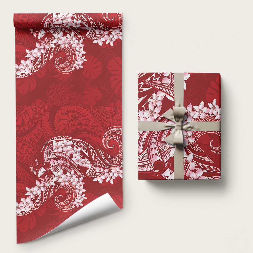 Red Polynesia Hammerhead Shark Tattoo With Plumeria Lei Wrapping Paper LT14 58" × 23" Red - Polynesian Pride