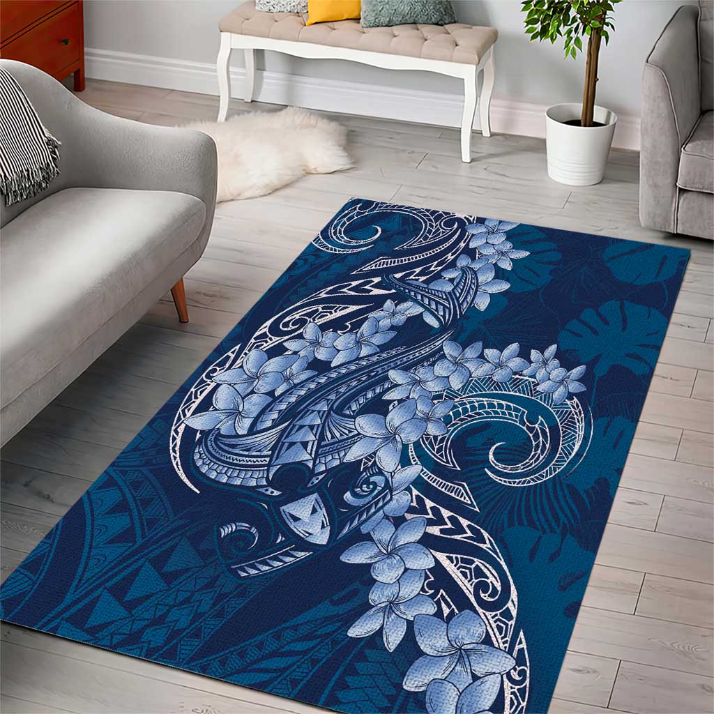 Navy Blue Polynesia Hammerhead Shark Tattoo With Plumeria Lei Area Rug