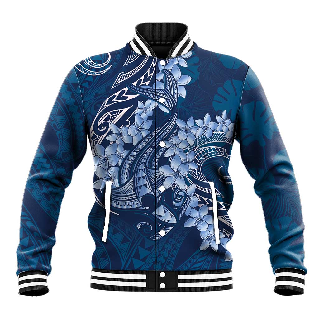Navy Blue Polynesia Hammerhead Shark Tattoo With Plumeria Lei Baseball Jacket LT14 Unisex Navy Blue - Polynesian Pride