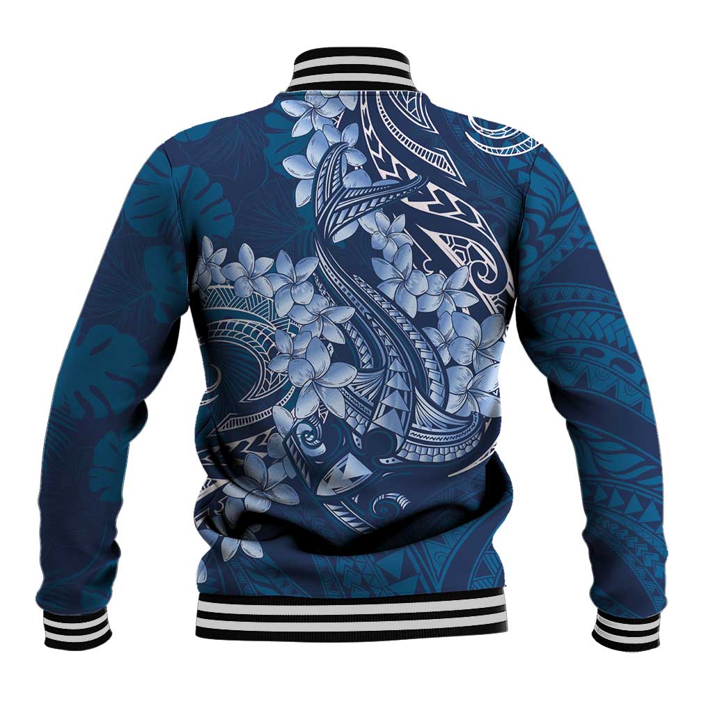 Navy Blue Polynesia Hammerhead Shark Tattoo With Plumeria Lei Baseball Jacket LT14 - Polynesian Pride