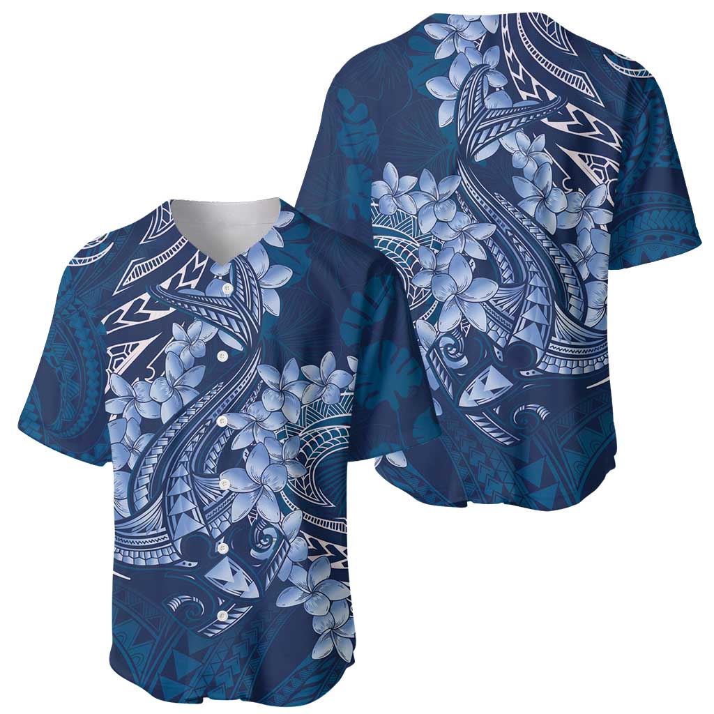 Navy Blue Polynesia Hammerhead Shark Tattoo With Plumeria Lei Baseball Jersey
