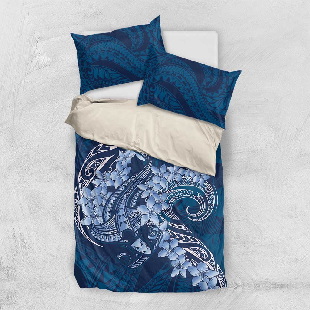 Navy Blue Polynesia Hammerhead Shark Tattoo With Plumeria Lei Bedding Set