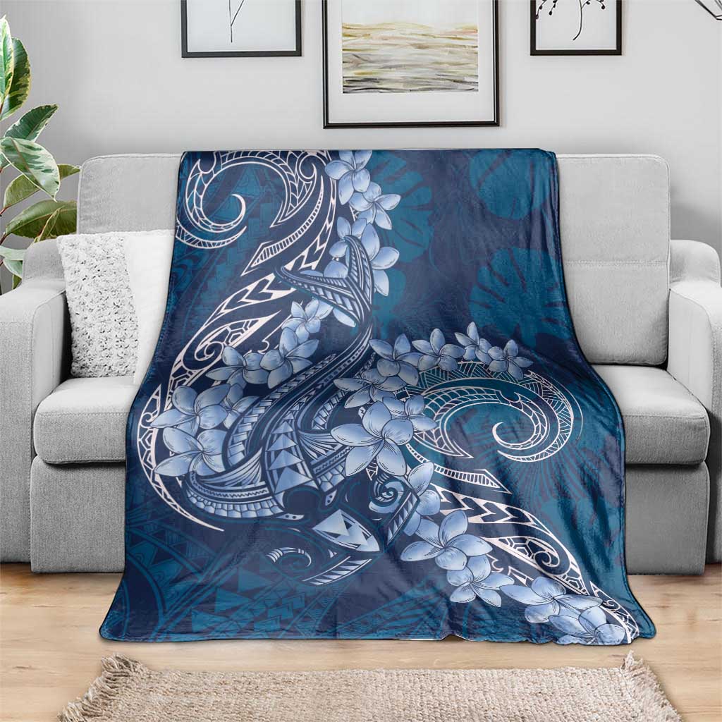 Navy Blue Polynesia Hammerhead Shark Tattoo With Plumeria Lei Blanket LT14 - Polynesian Pride