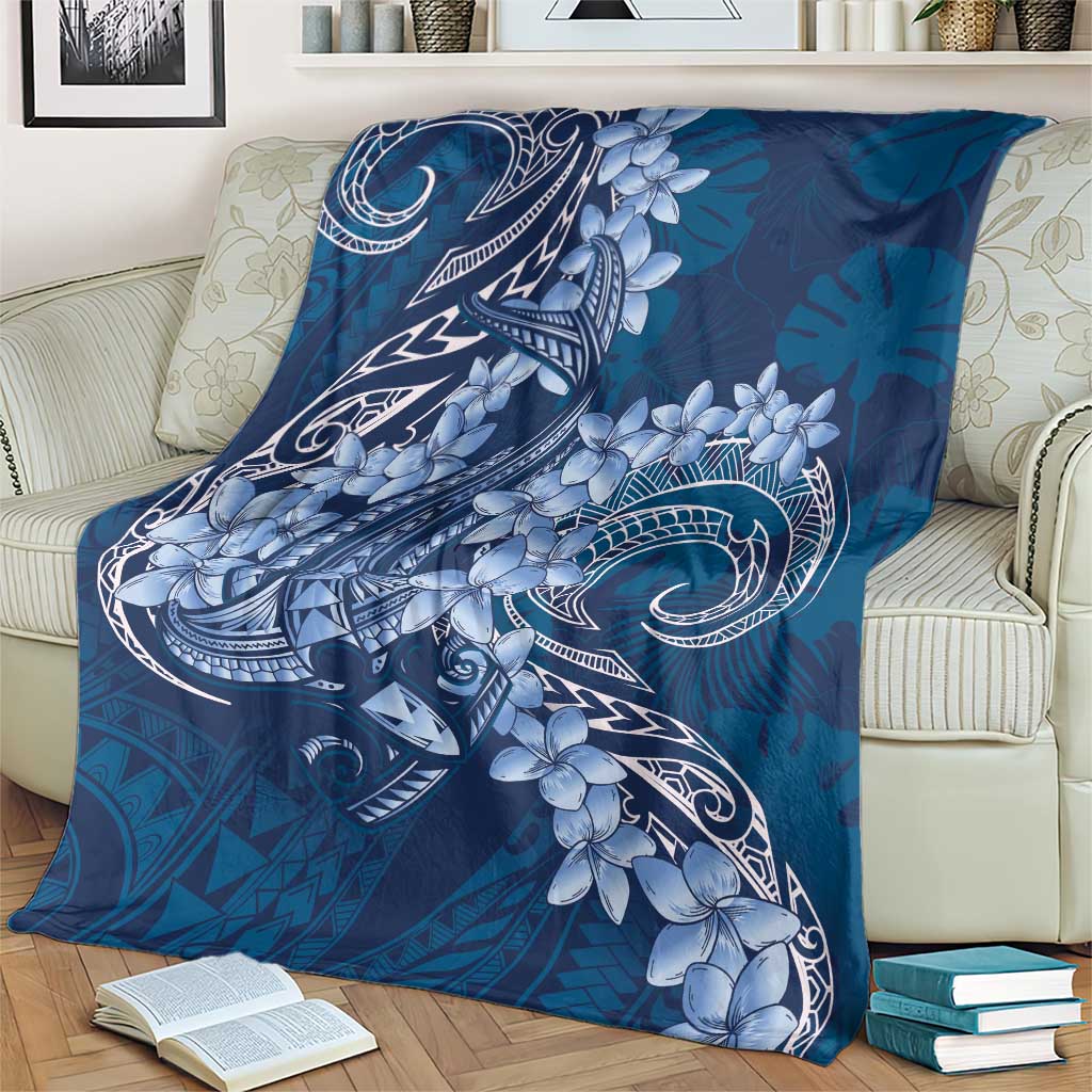 Navy Blue Polynesia Hammerhead Shark Tattoo With Plumeria Lei Blanket LT14 - Polynesian Pride