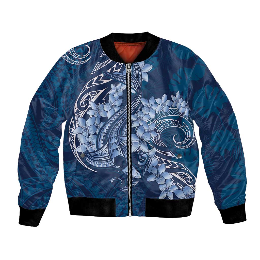 Navy Blue Polynesia Hammerhead Shark Tattoo With Plumeria Lei Bomber Jacket