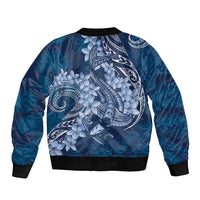 Navy Blue Polynesia Hammerhead Shark Tattoo With Plumeria Lei Bomber Jacket