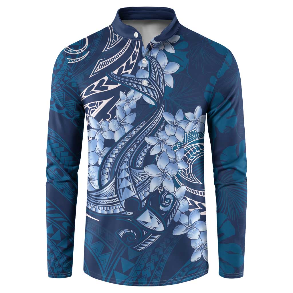 Navy Blue Polynesia Hammerhead Shark Tattoo With Plumeria Lei Button Sweatshirt LT14 Navy Blue - Polynesian Pride