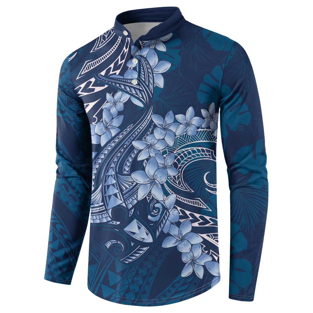 Navy Blue Polynesia Hammerhead Shark Tattoo With Plumeria Lei Button Sweatshirt LT14 - Polynesian Pride